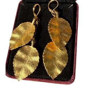 Kenneth Jay Lane Gold Leaf Earrings 3” EUC Perfect Saks Pierced Whimsical Witch